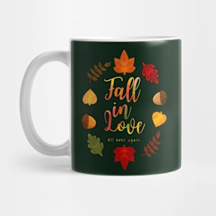 Fall In Love All Over Again Hand Lettering Autumn Leaves and Acorns Watercolor Mug